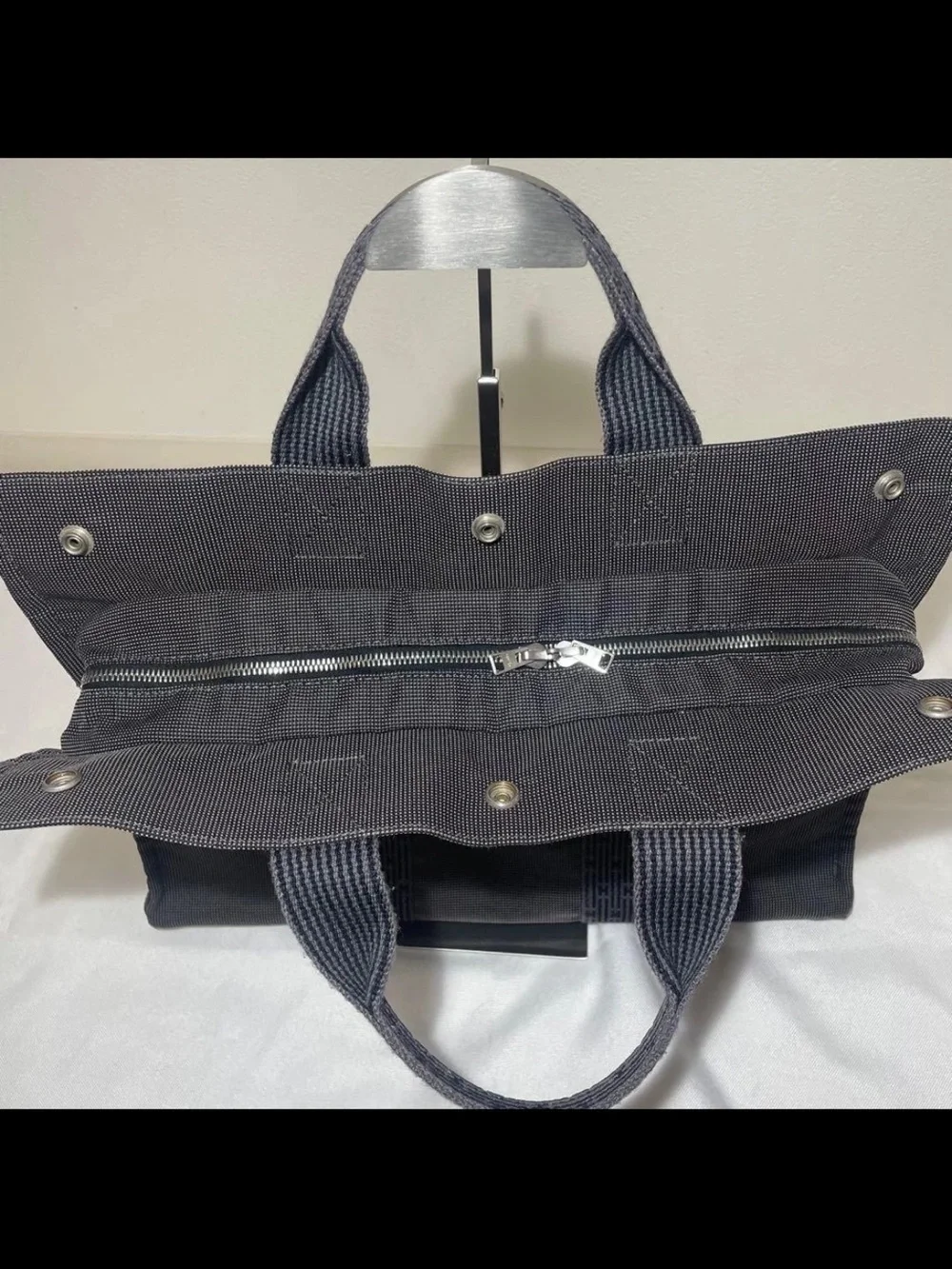 Hermes Black Canvas Carryall Tote with Signature Webbed Straps